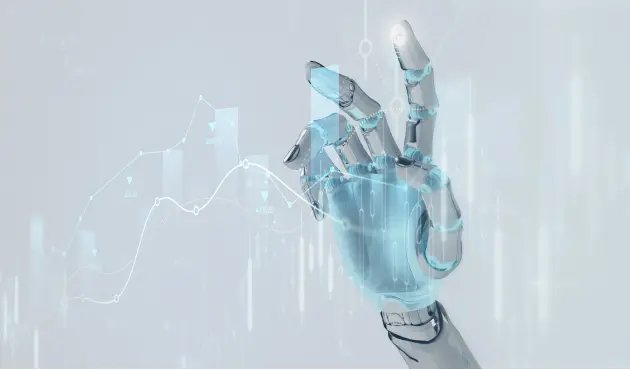 A futuristic robotic hand interacting with digital financial charts.