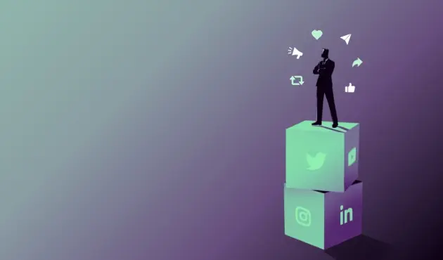 An illustration of an entrepreneur standing on top of stacked blocks, representing social media platforms, with engagement icons against a purple and mint-green background.