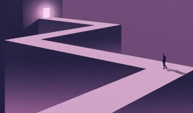 An illustration of a person walking along a winding, elevated pathway towards an illuminated doorway.
