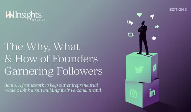 An illustration of an entrepreneur standing on top of stacked blocks, representing social media platforms, with engagement icons against a purple and mint-green background.