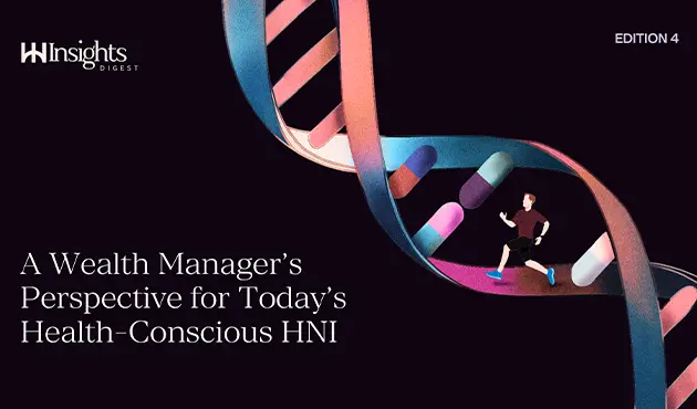 An illustration featuring a runner, medical capsules and a colourful DNA double helix against a dark background.