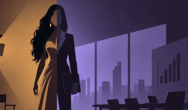 An illustration featuring a female silhouette bridging a film studio and corporate boardroom.